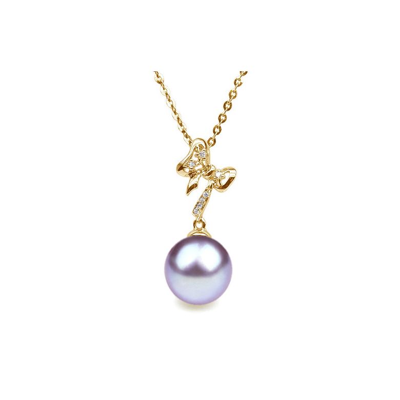 Pendentif noeud papillon or jaune - Perle eau douce blanche, diamant - 8