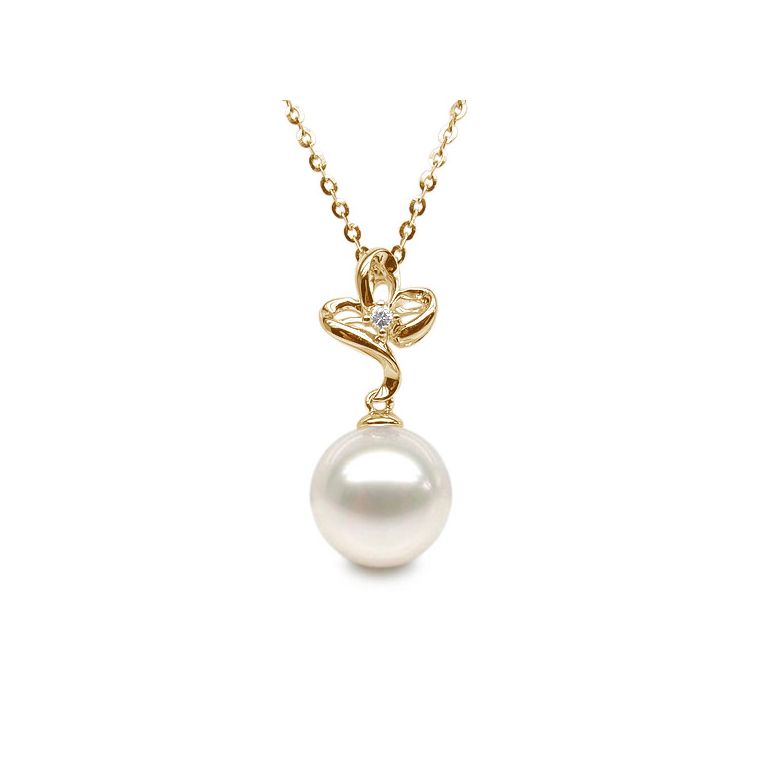 Pendentif fleur 3 pétales or jaune - Coeur diamant et perle blanche - 1