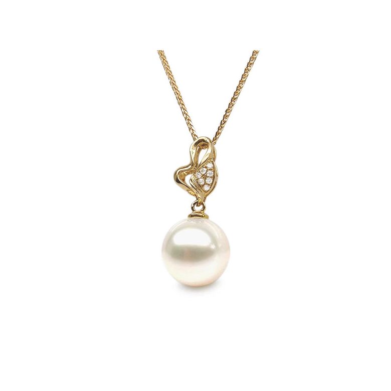 Pendentif petite pousse de printemps - Perle, or jaune et diamants - 1