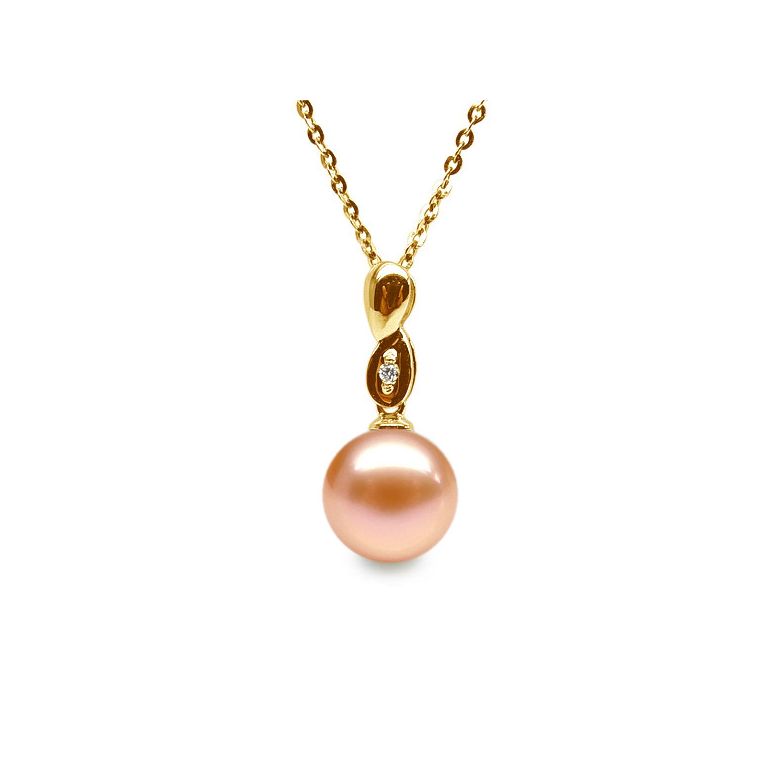 Pendentif entortillé en perle blanche - Or jaune 18cts, diamant - 9