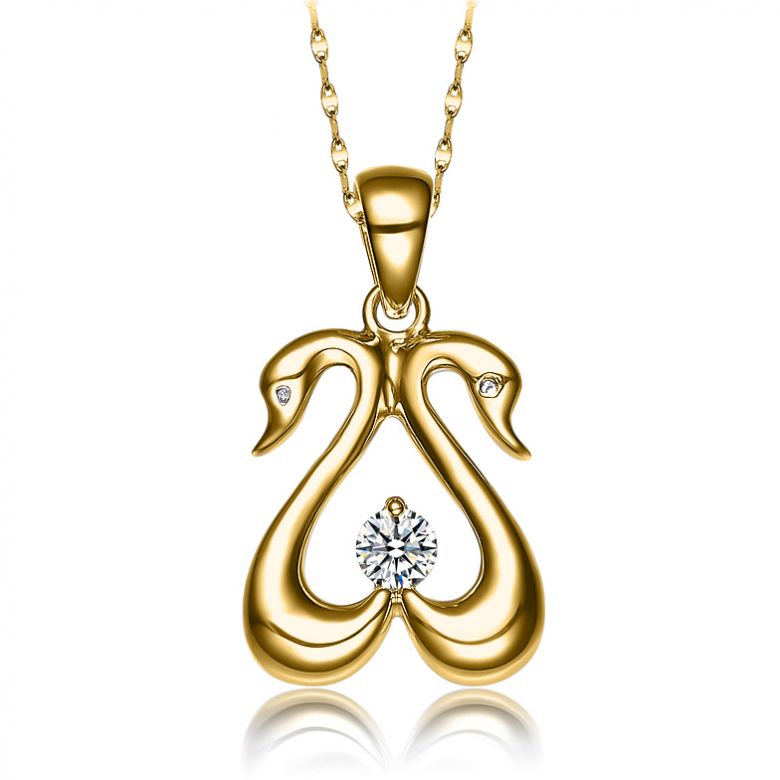 Pendentif couple de cygnes - Diamant 0.10ct, or jaune - 1