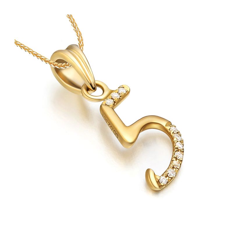 Pendentif chiffre 5 - Or jaune 18cts - Diamants 0.02ct - 2
