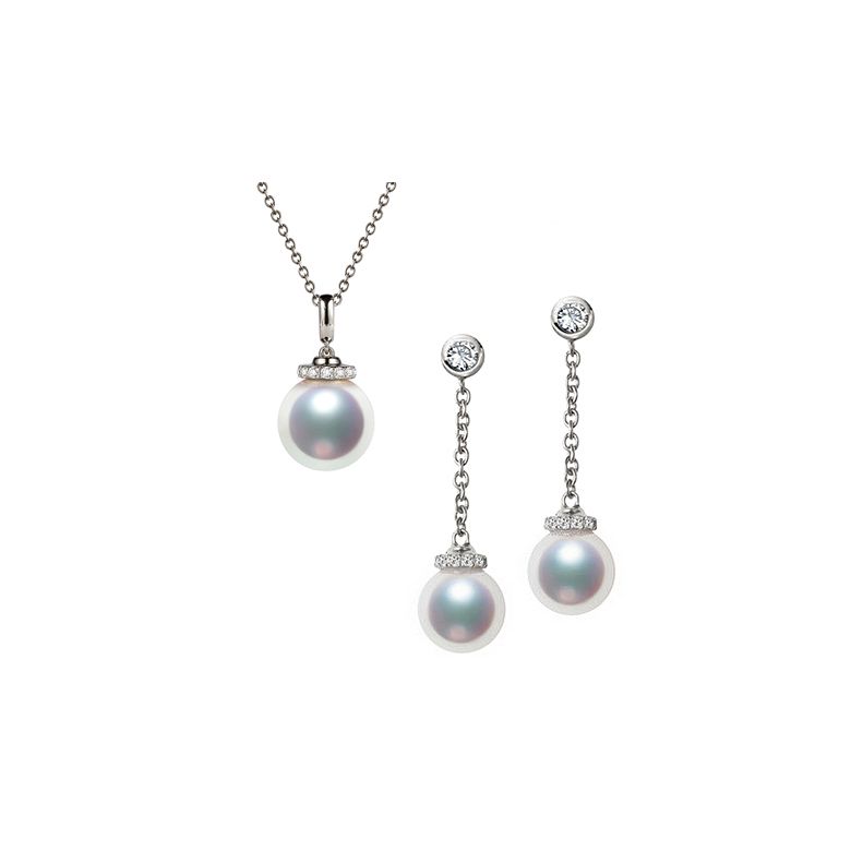 Pendentif et Boucles Style princesse. Perles Akoya, Or blanc - 1