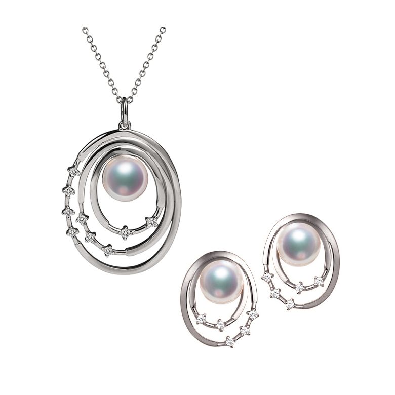 Pendentif et Boucles Kaneo. Perles Akoya, Or blanc, diamants. Motifs cerclés - 1