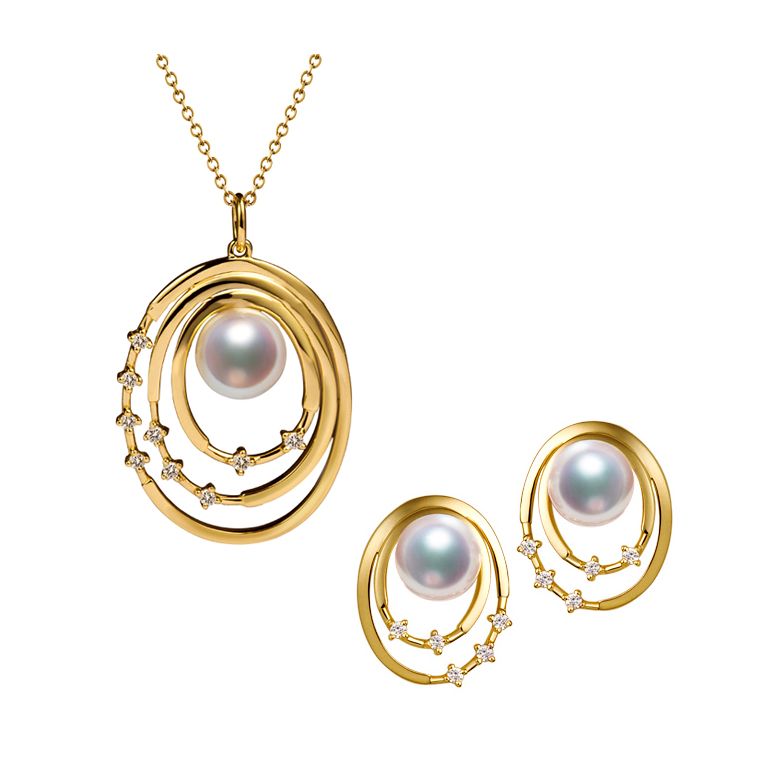 Pendentif et Boucles Kaneo. Perles Akoya, Or jaune, diamants. Motifs cerclés - 1