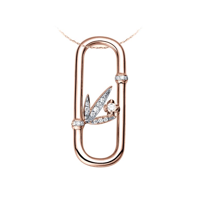Pendentif feuilles bambou or rose - Tige incurvée - Noeuds diamantés - 1