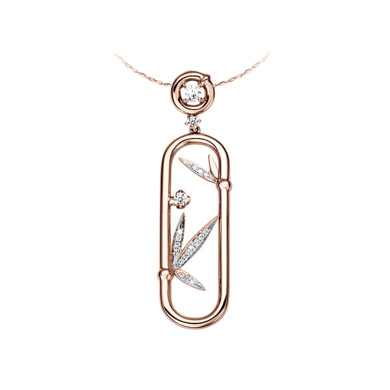 Pendentif végétal raffiné - Bambou incurvé or rose - Diamants 0.20ct - 1