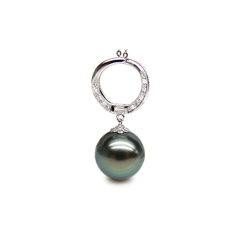 Pendentif circle - Perle Tahiti noire, bleue verte - Or blanc, diamants - 1