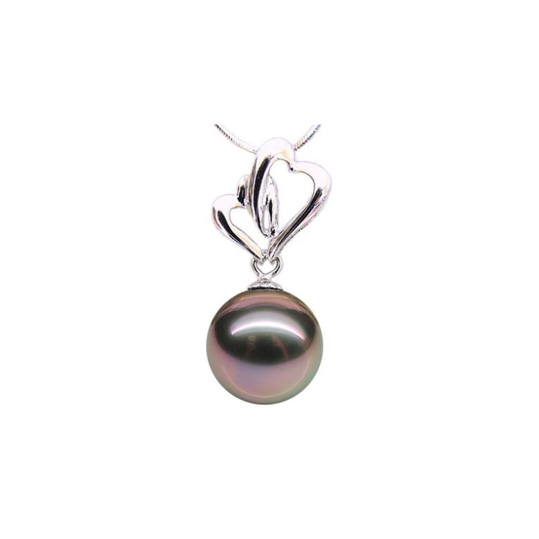 Pendentif deux coeurs fondants - Romantique - Perle Tahiti - Or blanc - 1