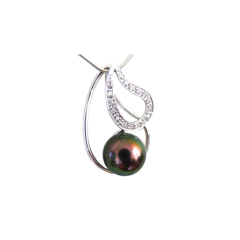 Pendentif Chabaka I Perle de Tahiti paon aubergine. Or blanc, diamants - 1