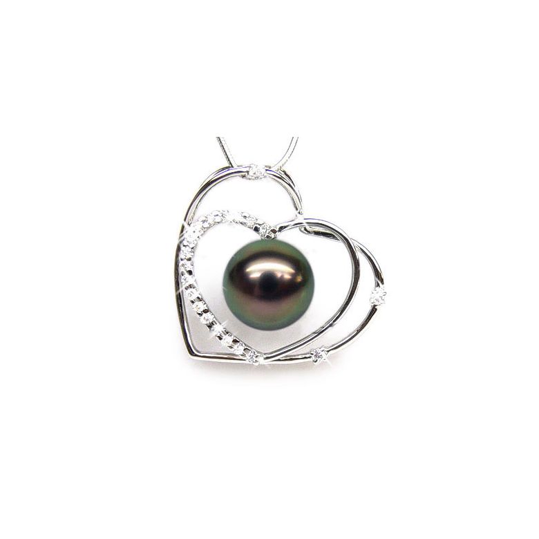 Pendentif double coeur - Perle Tahiti paon aubergine - Or blanc, diamants - 1