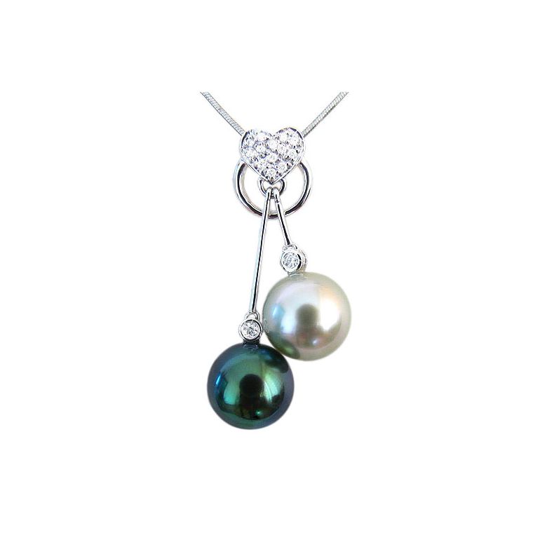 Pendentif coeur toi et moi - Perles mers du sud - Or blanc, diamants - 1