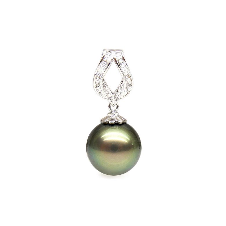 Pendentif ruban or blanc - Perle de Tahiti bronze - Diamants - 1