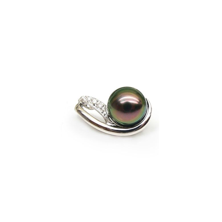 Pendentif perle de Tahiti noire - Orient paon - Or blanc, diamants - 1