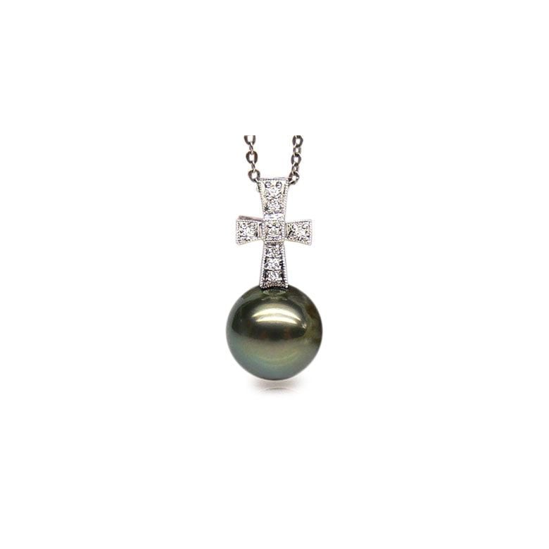 Pendentif croix romaine - Perle de Tahiti - Or blanc, diamants - 1