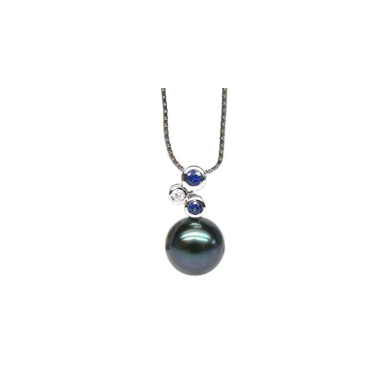 Pendentif 3 circles - Perle de Tahiti - Or blanc, diamants, saphirs - 1