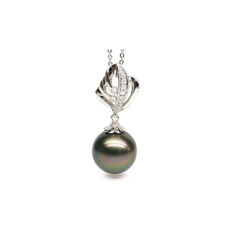 Pendentif création végétale - Perle de Tahiti - Or blanc, diamants - 1