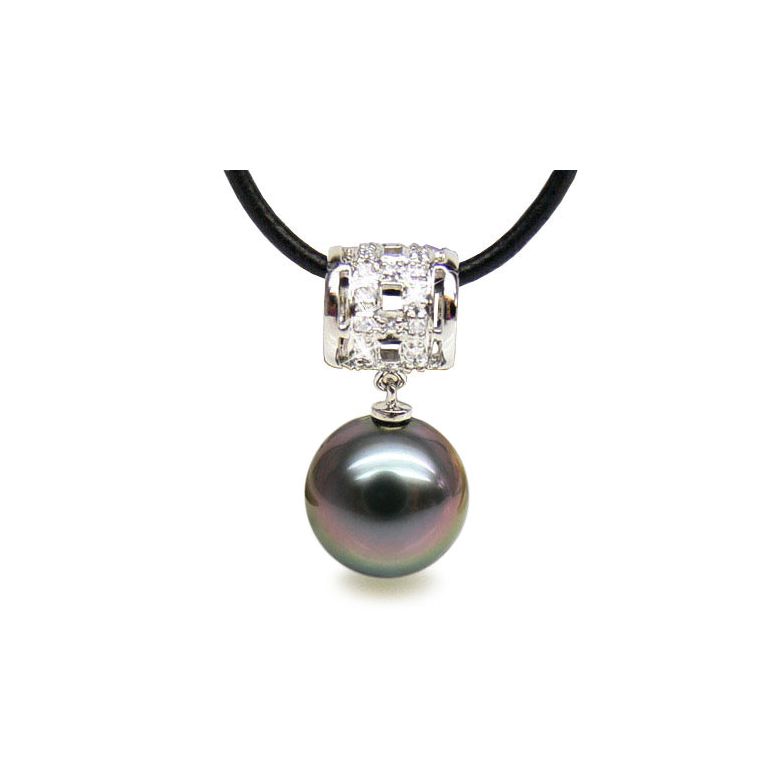 Pendentif bélière circulaire - Perle de Tahiti - Or blanc, diamants - 1