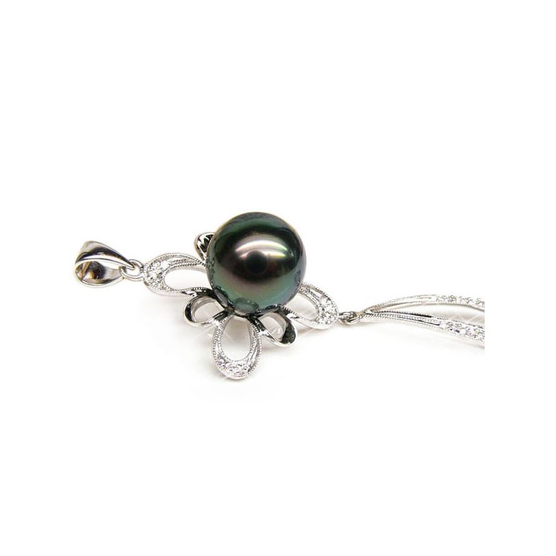 Pendentif perle de Tahiti noire - Tons bleus verts - Or blanc, diamants - 1