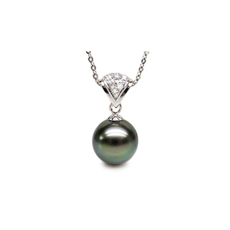 Pendentif classique - Perle de Tahiti grise foncée - Or blanc, diamant - 1