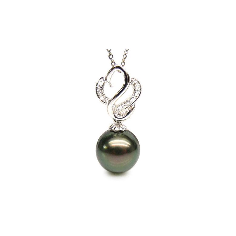 Pendentif séduction cygne - Perle de Tahiti - Or blanc, diamants - 1
