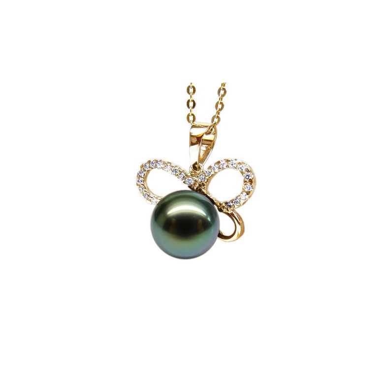 Pendentif papillon - Perle de Tahiti bronze foncée - Or jaune, diamants - 1