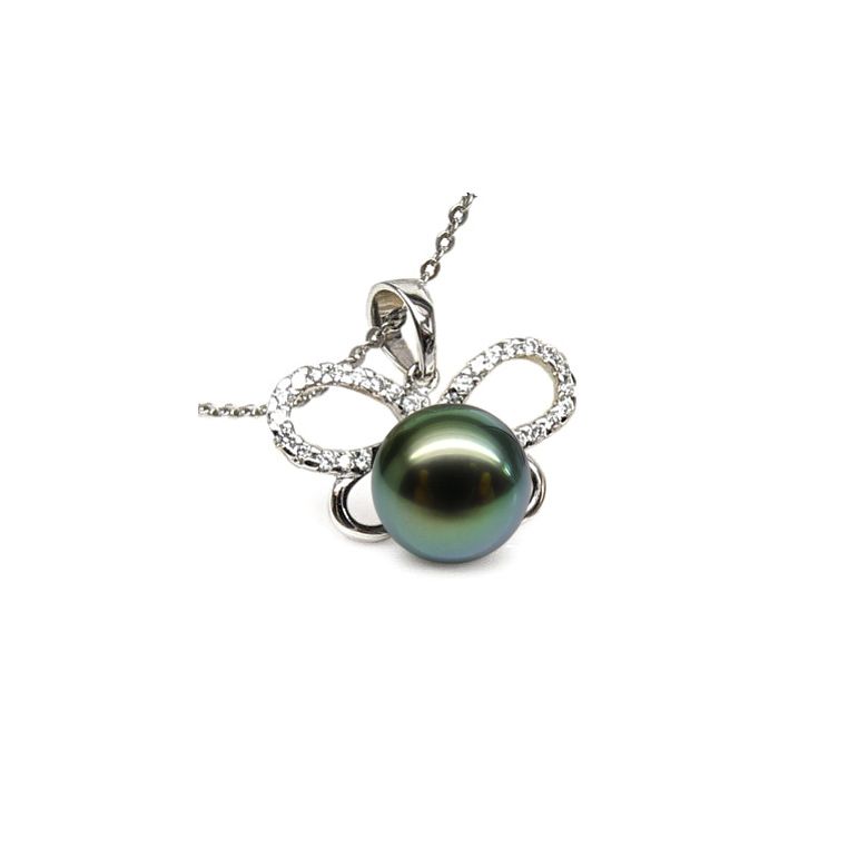 Pendentif papillon - Perle de Tahiti bronze foncée - Or blanc, diamants - 1