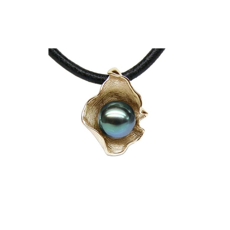 Pendentif polynésien - Perle de Tahiti bleue - Cordon cuir - Or jaune - 1