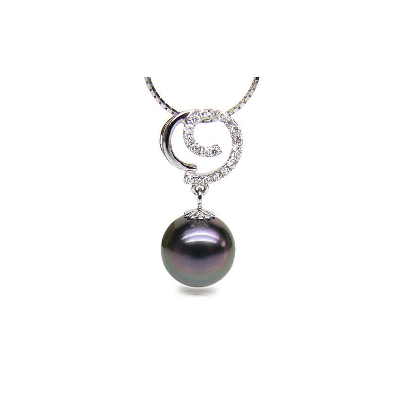 Pendentif joaillerie - Perle Tahiti paon aubergine - Or blanc, diamants - 1