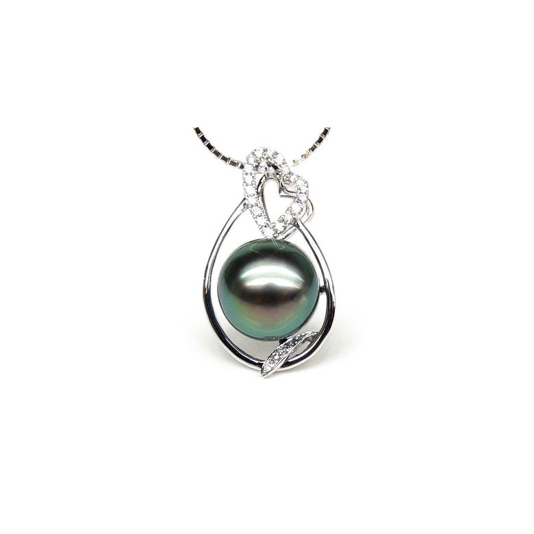 Pendentif accents romantiques - Perle de Tahiti, or blanc, diamants - 1