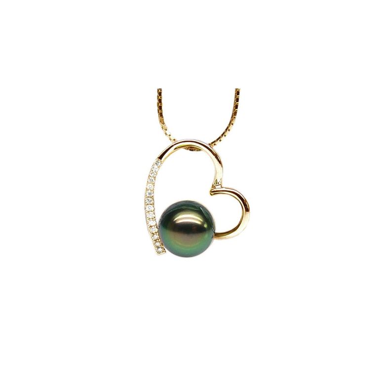 Pendentif coeur - Cadeau déclaration d'amour - Perle Tahiti, or jaune - 1