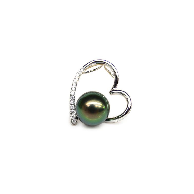 Pendentif coeur - Cadeau déclaration d'amour - Perle Tahiti, or blanc - 1
