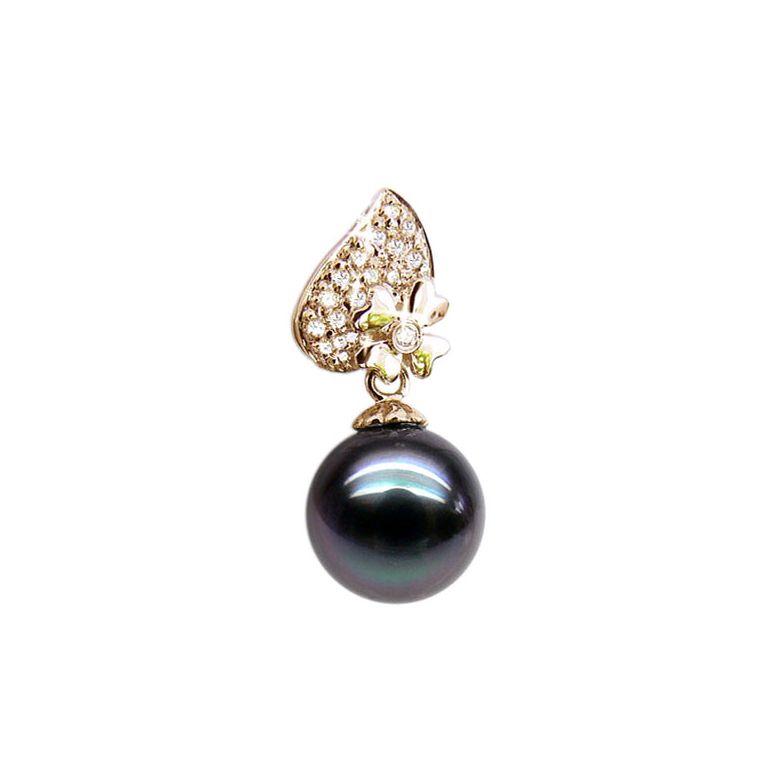 Pendentif fleur d'églantine - Perle de Tahiti - Or jaune, diamants - 1