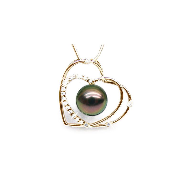 Pendentif double coeur - Perle Tahiti paon aubergine - Or jaune, diamants - 1