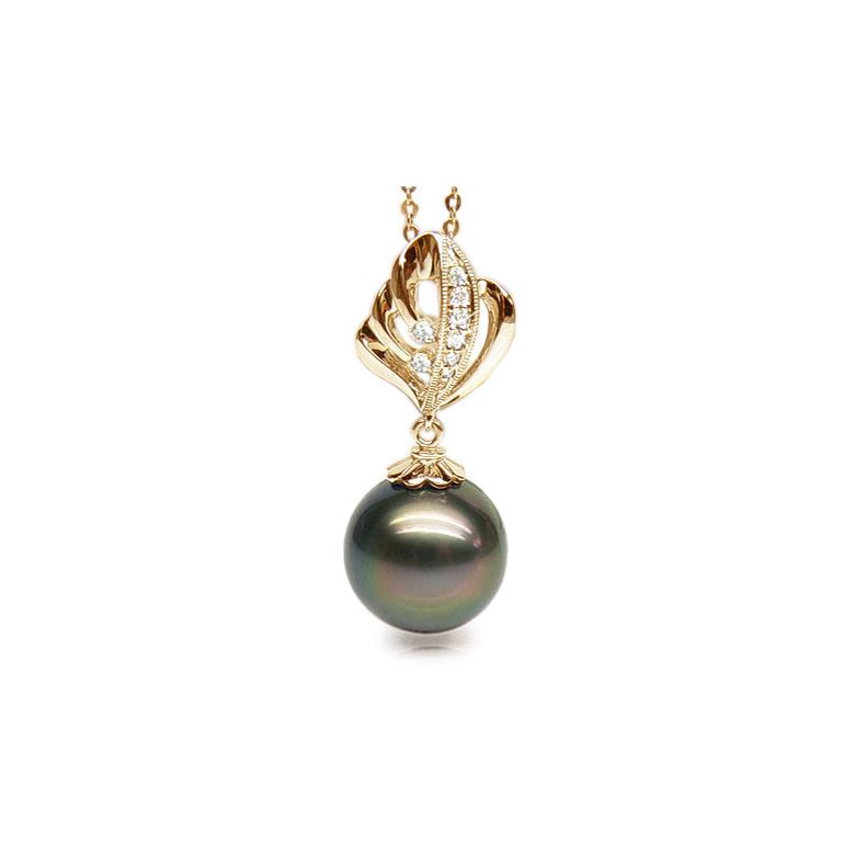 Pendentif création végétale - Perle de Tahiti - Or jaune, diamants - 1