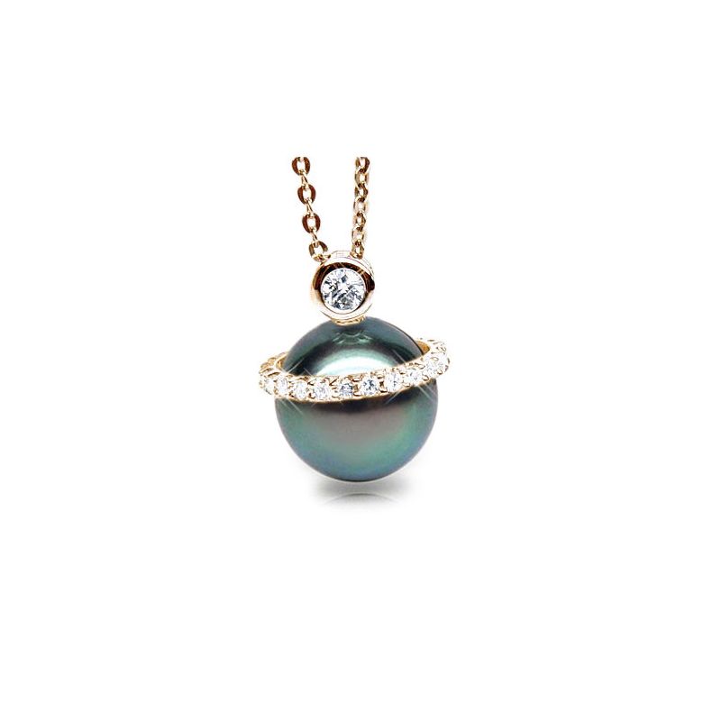 Pendentif de style - Cerclage mobile - Perle Tahiti, or jaune, diamants - 1
