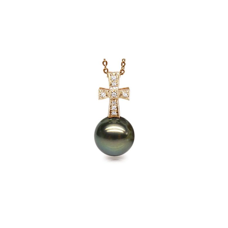 Pendentif croix romaine - Perle de Tahiti - Or jaune, diamants - 1