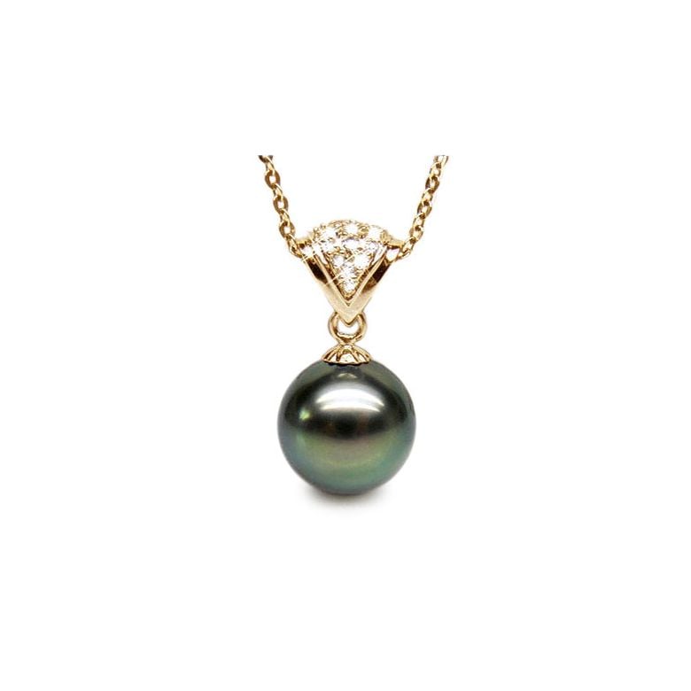 Pendentif classique - Perle de Tahiti grise foncée - Or jaune, diamant - 1