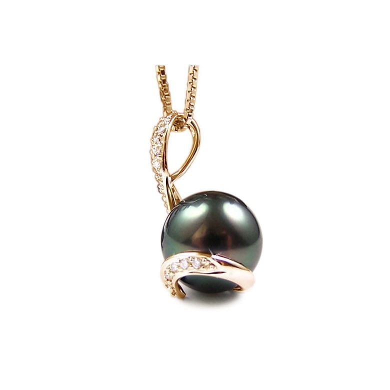 Pendentif écharpe diamantée - Perle de Tahiti noire, bronze - Or jaune - 2