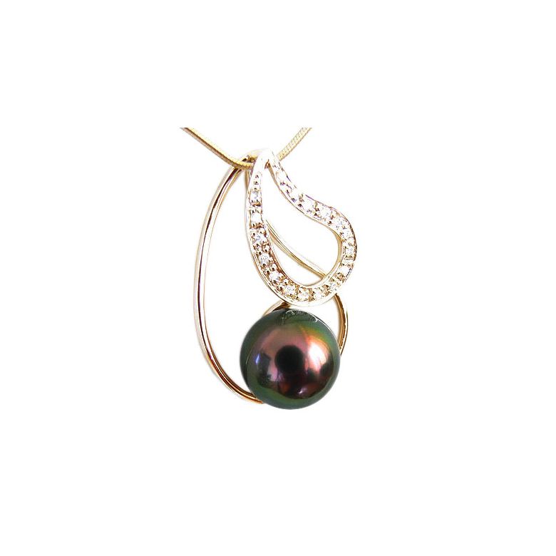 Pendentif Alara I Perle de Tahiti paon aubergine. Or jaune, diamants - 1