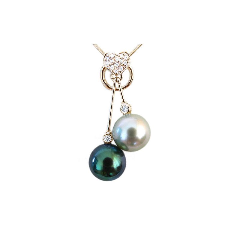 Pendentif coeur toi et moi - Perles mers du sud - Or jaune, diamants - 1