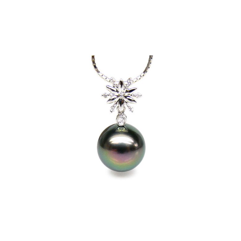 Pendentif or blanc forme étoile - Perle de Tahiti 10/11mm - Diamants - 1