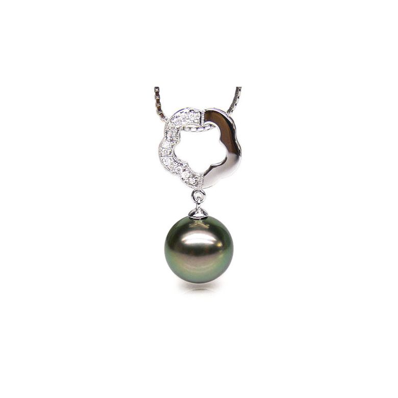 Pendentif floral - Perle de Tahiti noire, aubergine - Or blanc, diamants - 1