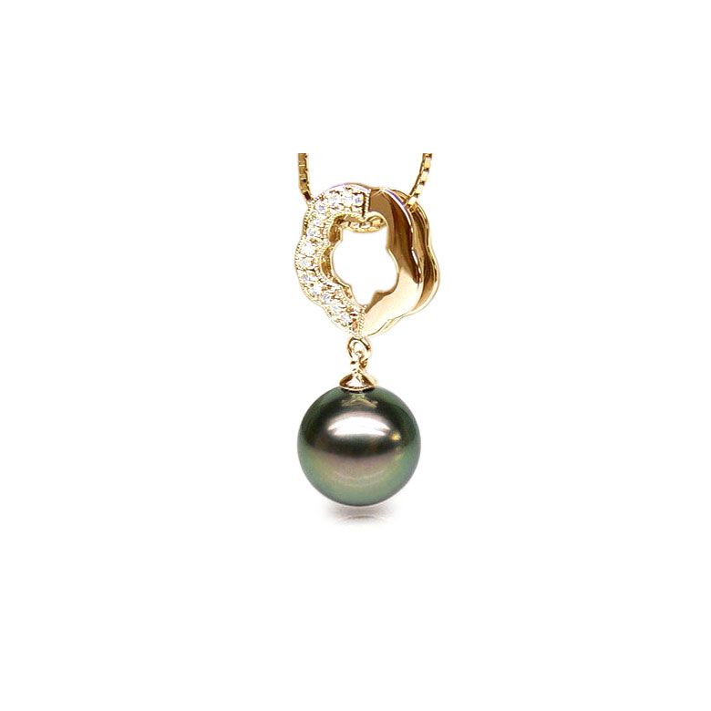 Pendentif floral - Perle de Tahiti noire, aubergine - Or jaune, diamants - 1