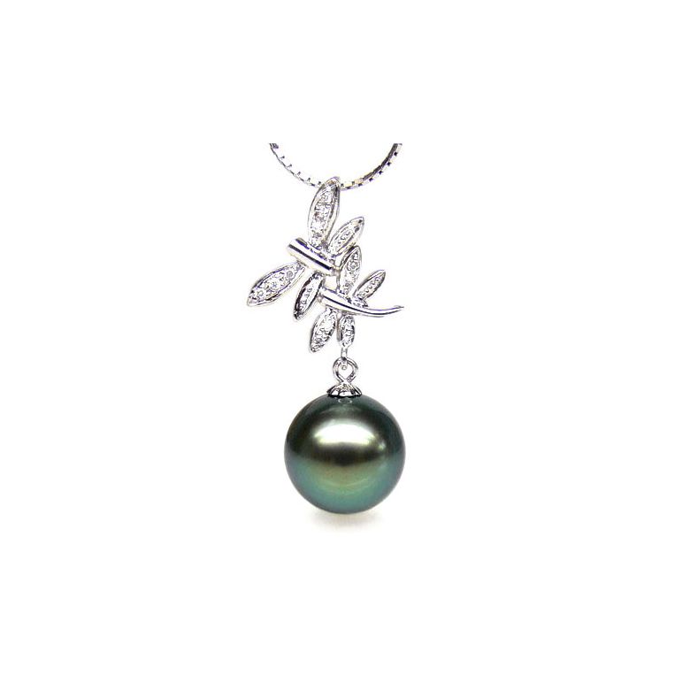 Pendentif libellules - Couple volant - Perle Tahiti, or blanc, diamants - 1