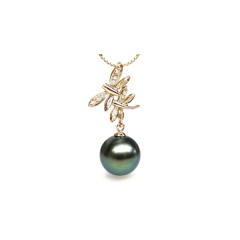 Pendentif libellules - Couple volant - Perle Tahiti, or jaune, diamants - 1