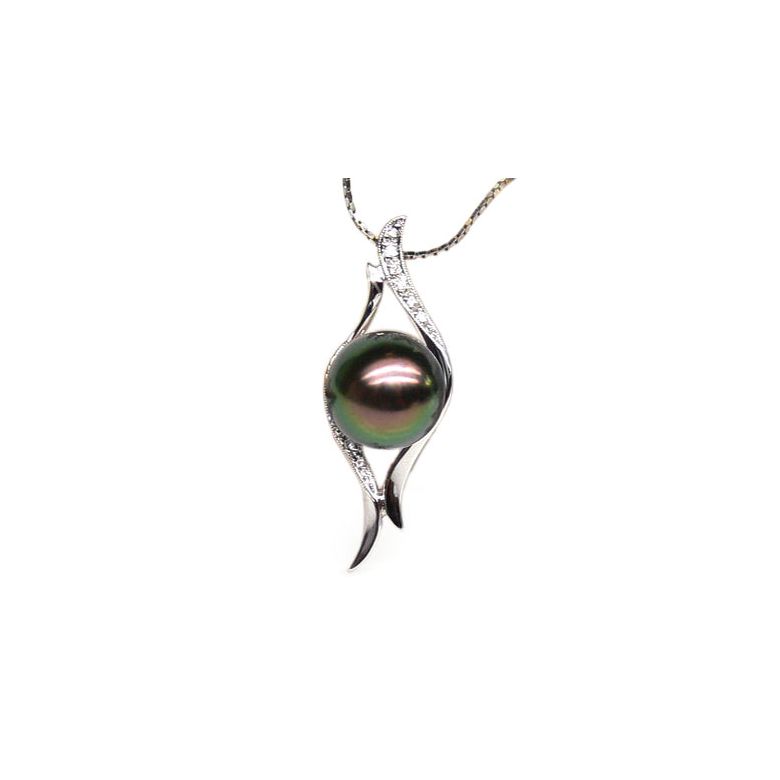 Pendentif barrettes incurvées or blanc - Perle de Tahiti, diamants - 1
