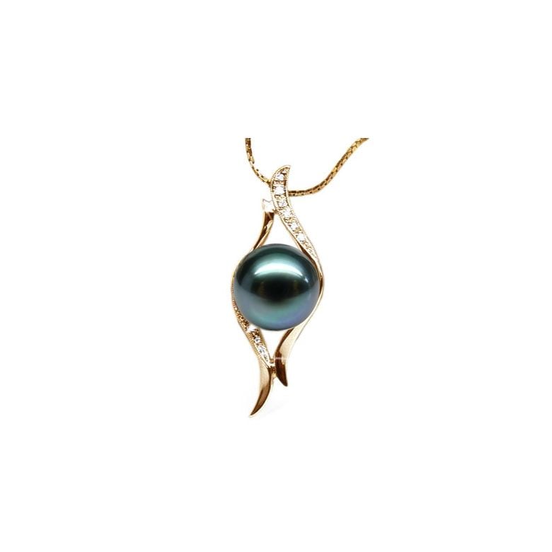 Pendentif barrettes incurvées or jaune - Perle de Tahiti, diamants - 1