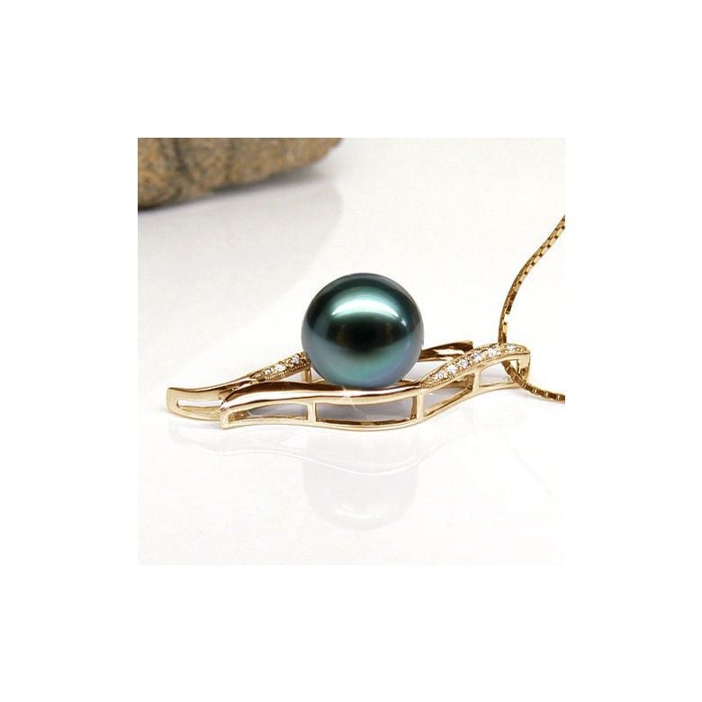 Pendentif barrettes incurvées or jaune - Perle de Tahiti, diamants - 3