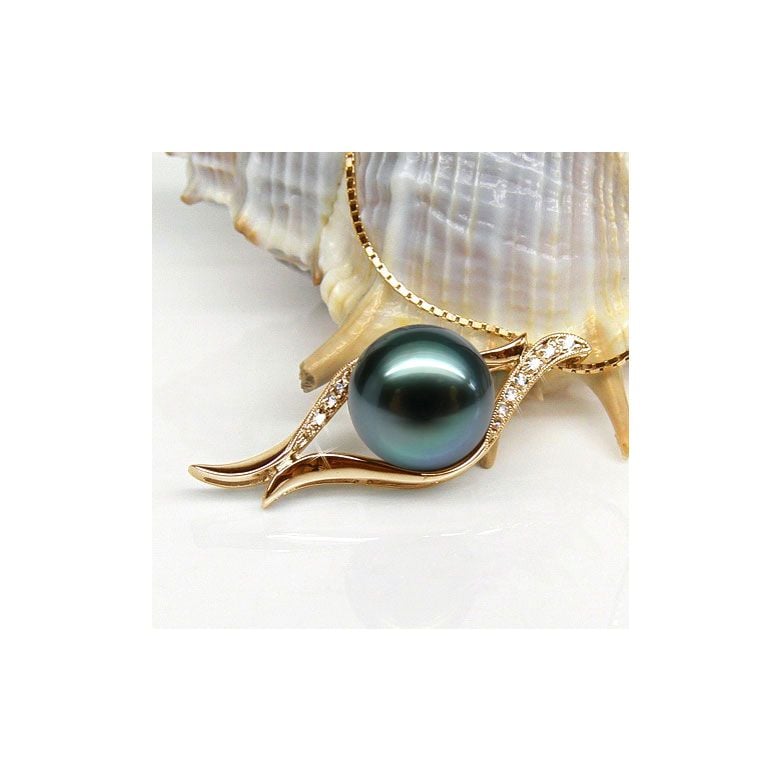 Pendentif barrettes incurvées or jaune - Perle de Tahiti, diamants - 5
